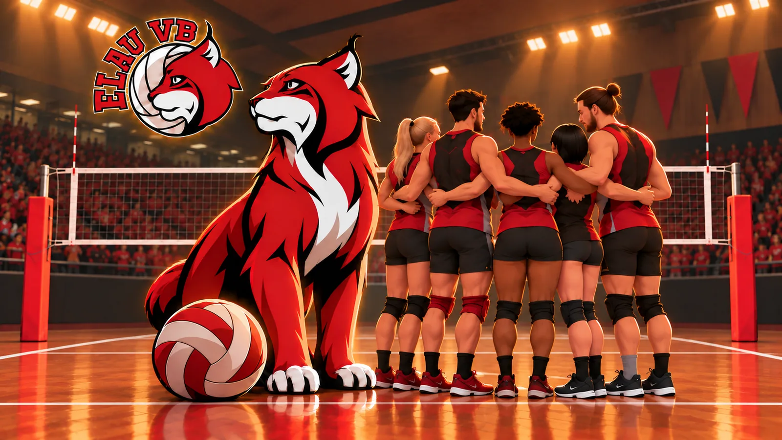 Illustration de défaite de l’ELAU VB : mascotte et équipe mixte dans le gymnase